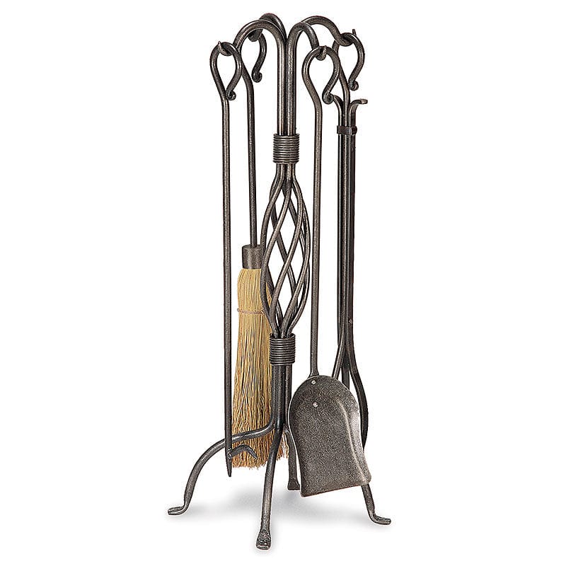 5 Piece Basket Weave Vintage Iron Fireplace Tool Set - 28-inH