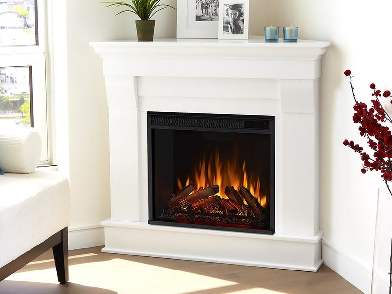 Chateau Corner Electric Fireplace Mantel Package in White