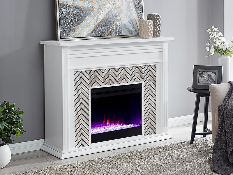 Hebbington Electric Fireplace Mantel Package in White w/ Contemporary Firebox